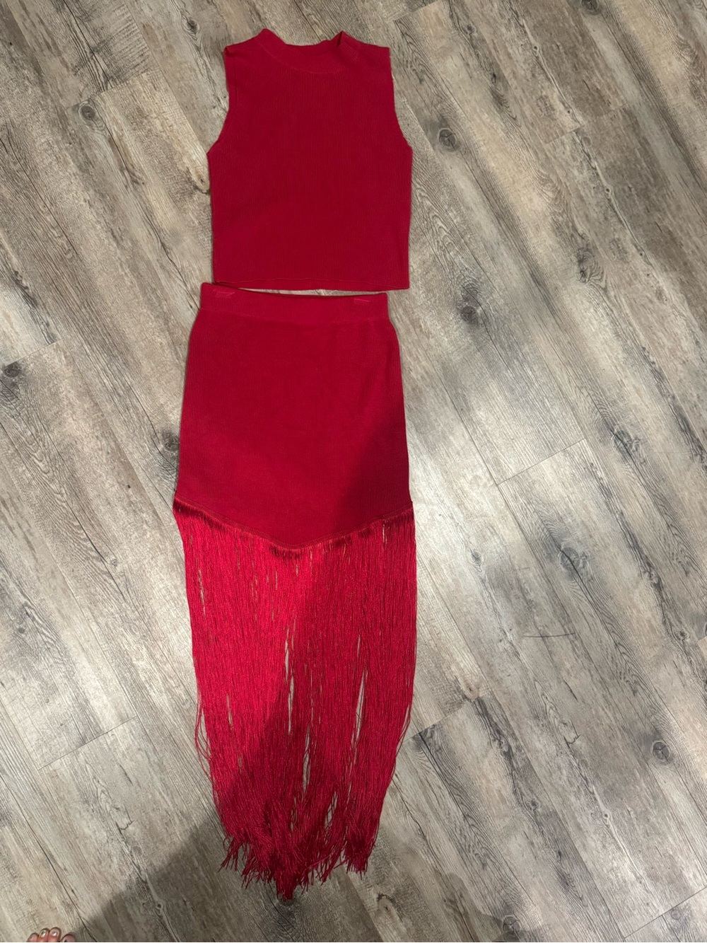 Women's Red Fringe Skirt Set - Sleeveless Crop Top & Long Fringe Skirt